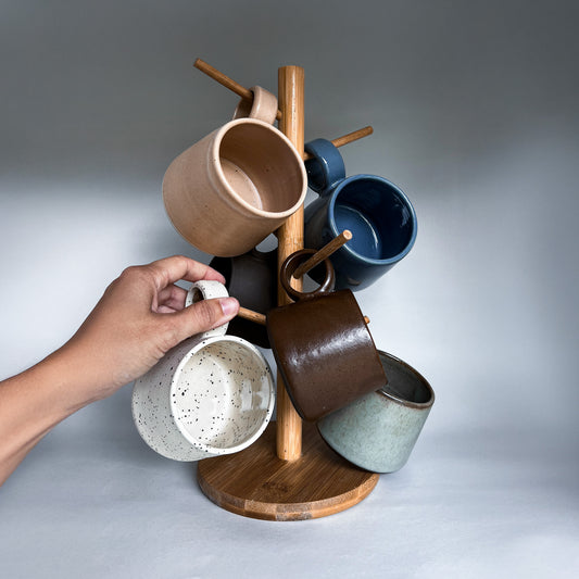 Conjunto de 6 xícaras grandes com suporte de bambu