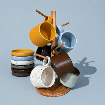 Conjunto de 6 xícaras grandes e pires com suporte de bambu