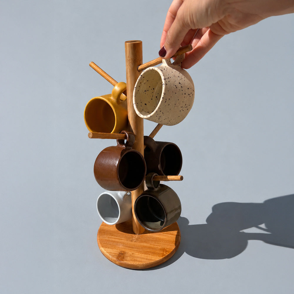 Conjunto de 6 xícaras cafézinho com suporte de bambu