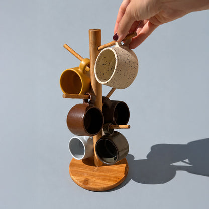 Conjunto de 6 xícaras cafézinho com suporte de bambu